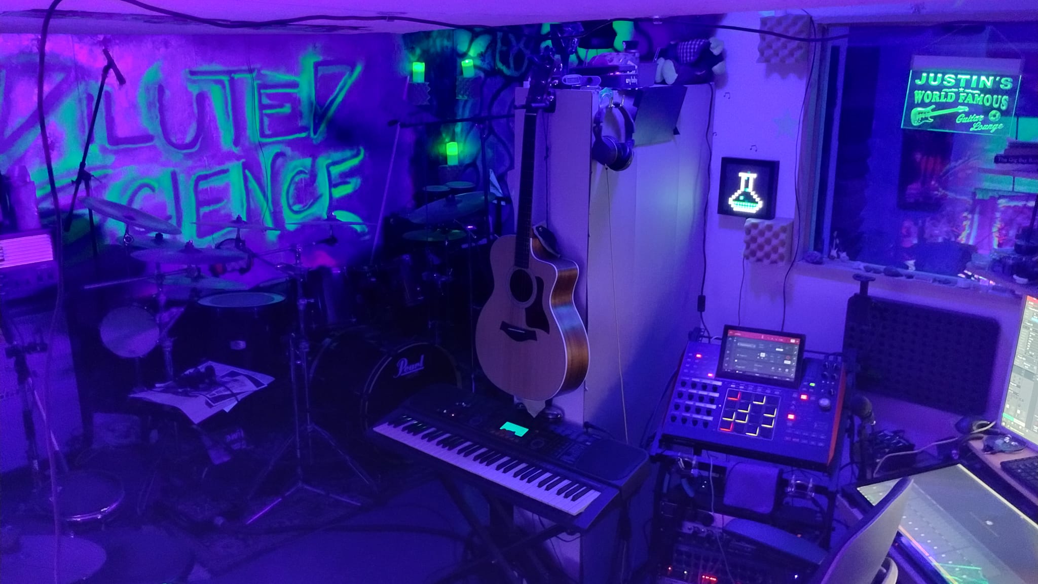 Nightclub DJ booth with colorful stage lights